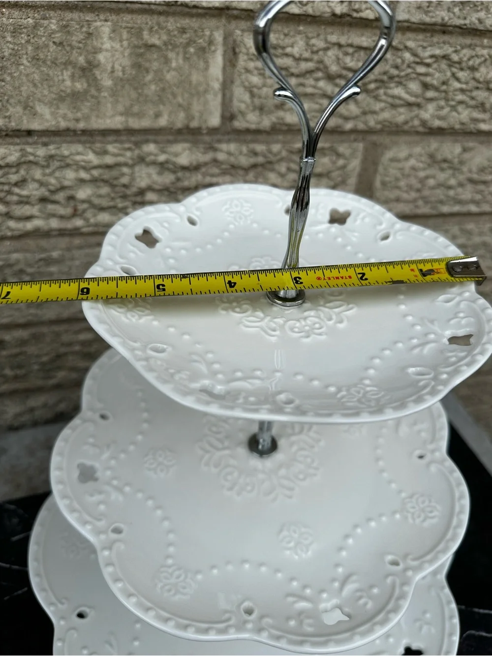 3-Tier White Ceramic embossed Serving Stand - Elegant Dessert Display